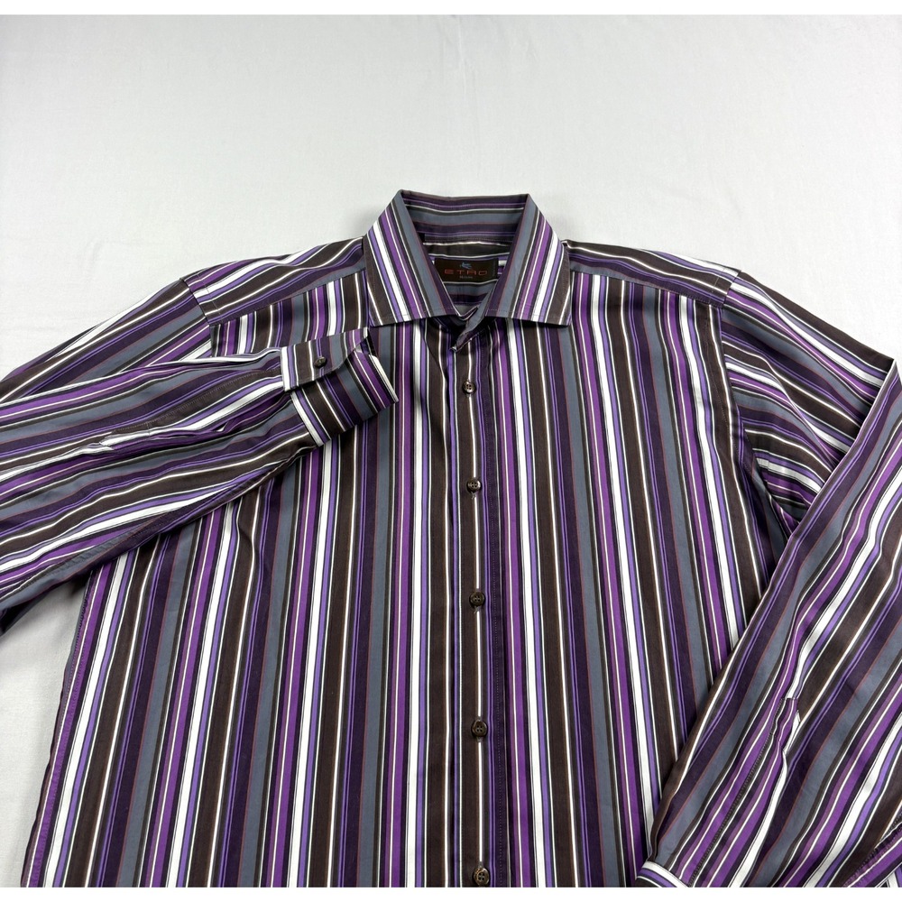 Etro Shirt Mens Size 41 (Large) Purple Striped Button Up Long Sleeve Italy Made